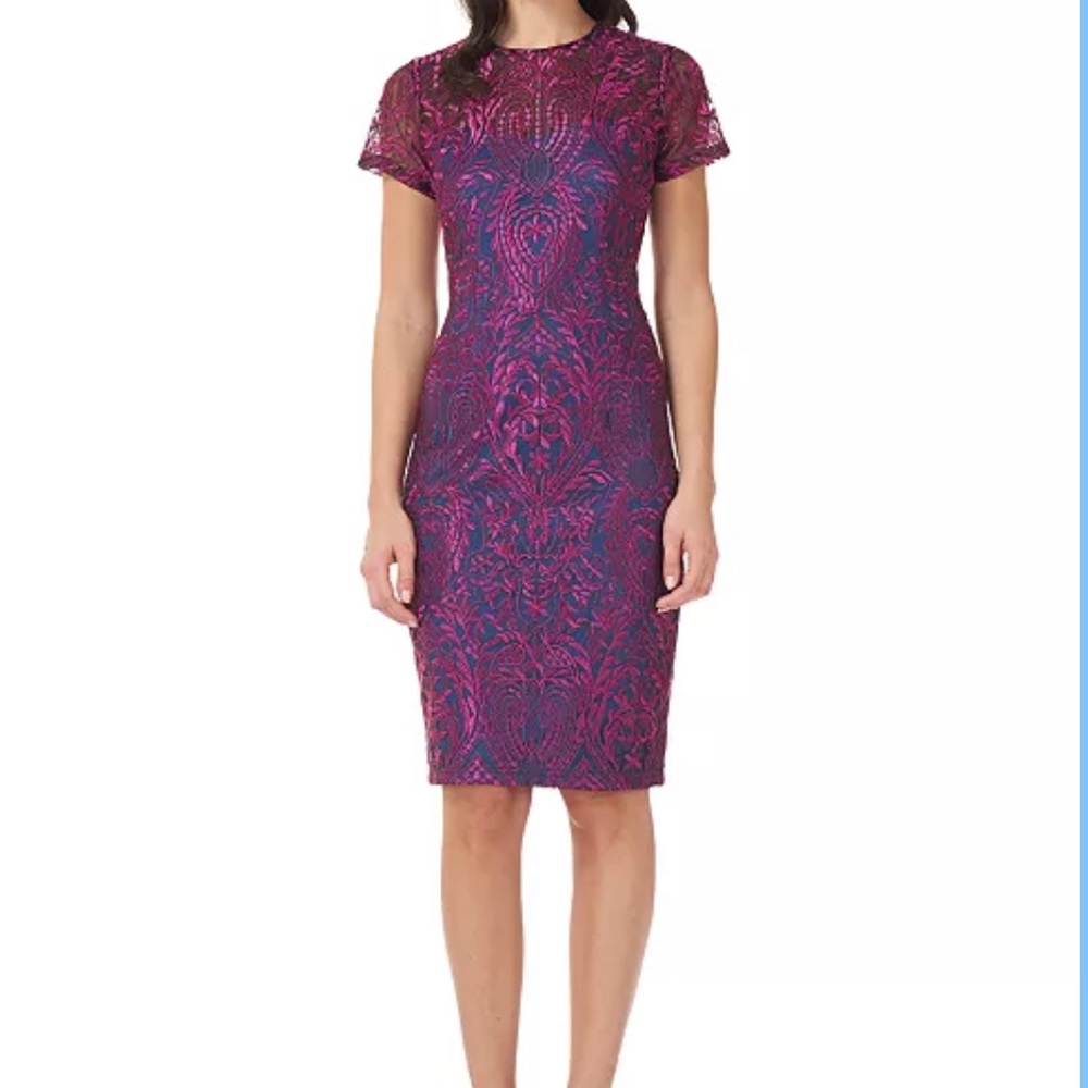 JS Collections Short-Sleeve Cocktail Dress in Fuschia/Navy